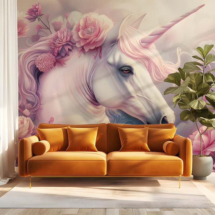 A magical nursery room featuring a unicorn and floral wall mural above a white crib.