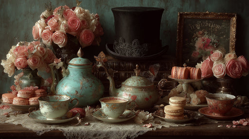 A vintage still life mural featuring pink roses, ornate teal teapots, and macarons on a lace tablecloth.