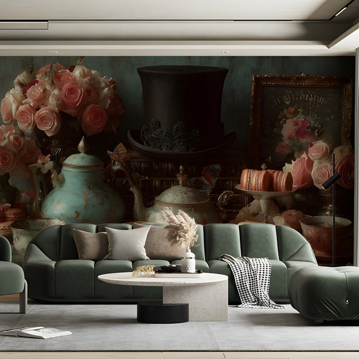 An elegant boutique café wall decorated with a luxurious floral and porcelain tea service mural.