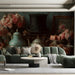 An elegant boutique café wall decorated with a luxurious floral and porcelain tea service mural.