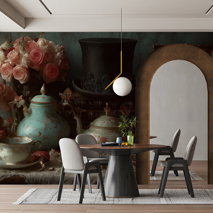 A sophisticated dining room wall covered in a vintage tea party themed floral mural.