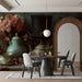A sophisticated dining room wall covered in a vintage tea party themed floral mural.