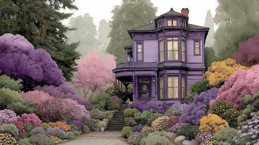 Painterly mural wallpaper of a grand Victorian purple house nestled in a lush, blooming garden of pink, yellow, and green flowers.