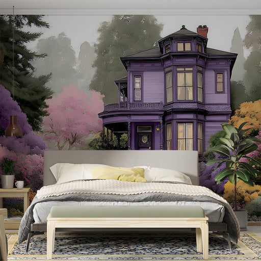 A primary bedroom design featuring the purple Victorian estate mural as an expressive headboard wall.