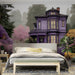 A primary bedroom design featuring the purple Victorian estate mural as an expressive headboard wall.