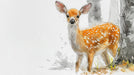 A painterly illustration of a deer fawn with orange fur and white spots standing next to a charcoal gray sketched tree.