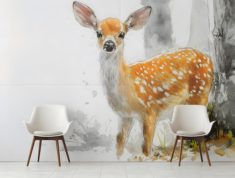 The deer mural installed in a cozy nursery with soft bedding and warm wood accents.