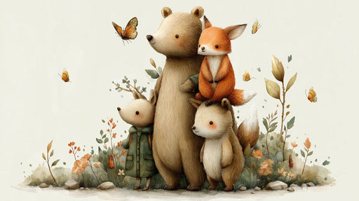 Watercolor illustration of a bear, foxes, and woodland friends with butterflies in soft oatmeal and orange tones.