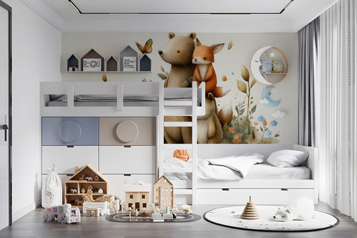 Whimsical forest animal mural installed on the main wall of a cozy modern nursery room.