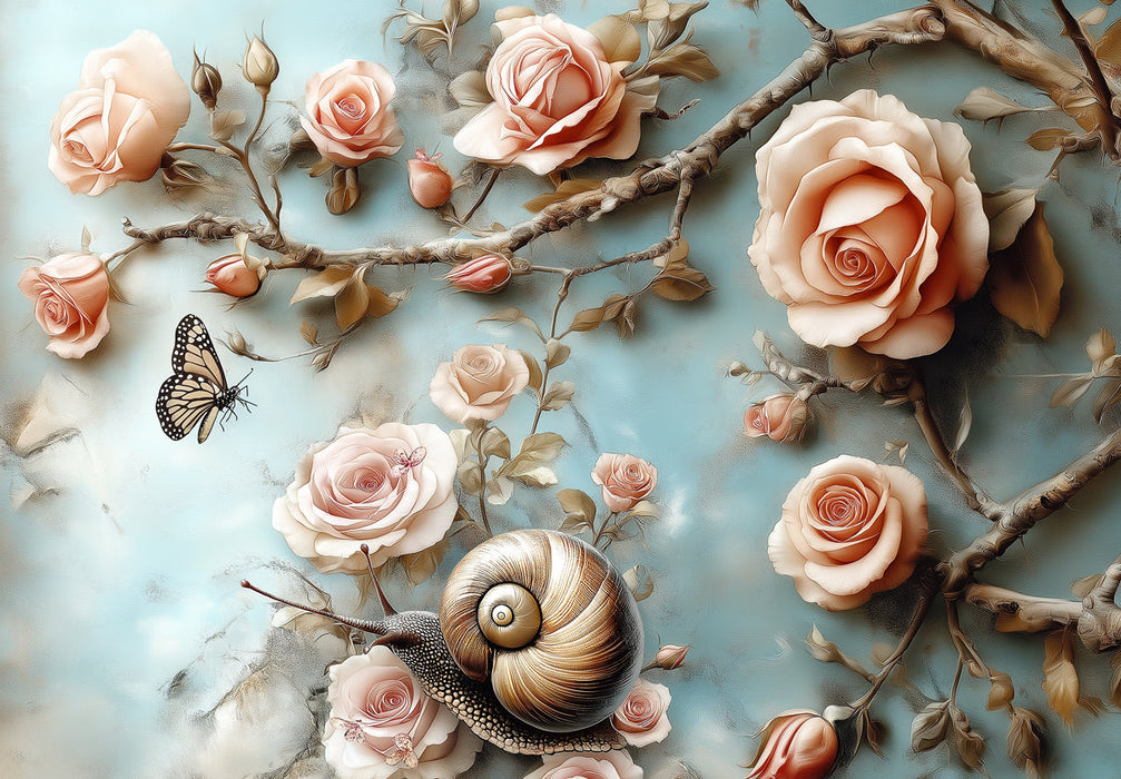 A romantic mural showing soft peach roses, a detailed snail, and a butterfly on a blue watercolor background.
