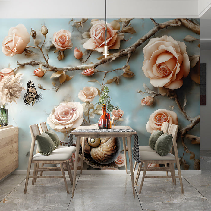 The rose garden wallpaper design applied to a serene home office for an artistic environment.