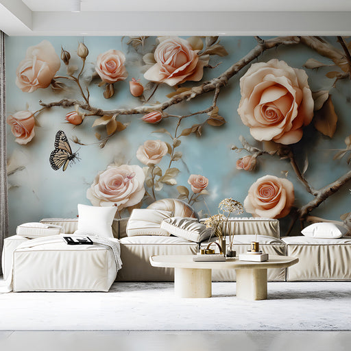 Whimsical rose and snail mural installed in a light-filled bedroom with linen bedding.