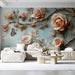 Whimsical rose and snail mural installed in a light-filled bedroom with linen bedding.
