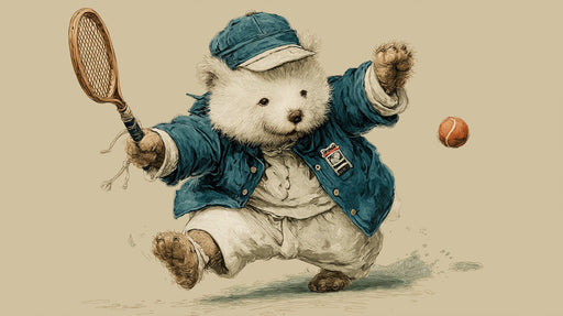 A hand-drawn style illustration of a fluffy bear playing tennis, wearing a cap and jacket in navy and cream tones.