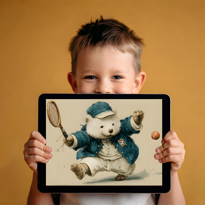 A creative playroom space decorated with a sophisticated bear tennis player wall mural.