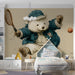 A study room with a vintage-inspired tennis bear sketch mural on the main wall.