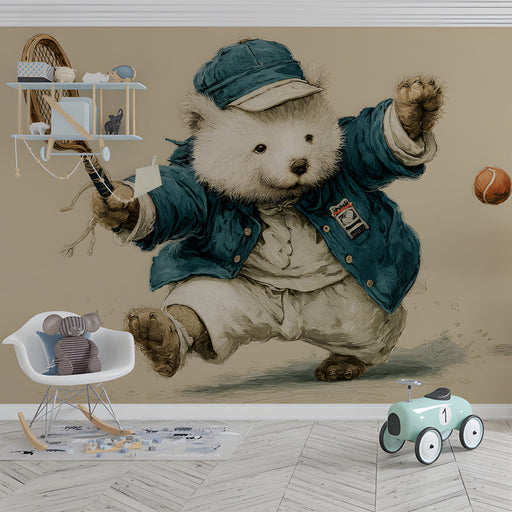A cozy nursery featuring a whimsical tennis-playing bear mural as a central wall accent.