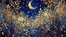 A stained glass style pattern of a forest at night with a golden crescent moon, starry sky, and amber foliage.