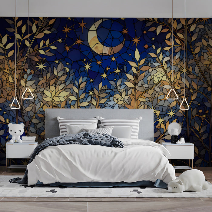 Cozy reading nook with a night sky forest wallpaper, creating a quiet sanctuary.