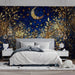 Cozy reading nook with a night sky forest wallpaper, creating a quiet sanctuary.