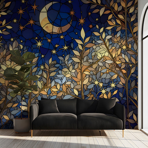 Moody bedroom featuring a night forest mural behind a plush velvet headboard.