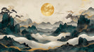 A wall mural featuring a golden dragon soaring over teal ink-wash mountains under a bright golden sun.