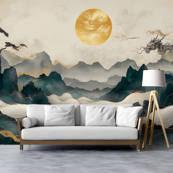 An elegant dining room interior decorated with a large-scale dragon and mountain mural.