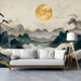 An elegant dining room interior decorated with a large-scale dragon and mountain mural.