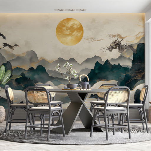 A sophisticated bedroom wall featuring the dragon landscape mural with dark wood furniture.