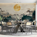 A sophisticated bedroom wall featuring the dragon landscape mural with dark wood furniture.