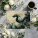 A moody bedroom with the dragon mural as a dramatic headboard feature wall surrounded by low-profile, modern furniture.