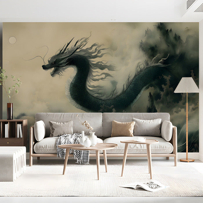 A quiet reading room with an armchair placed against the charcoal and mist dragon wall mural.