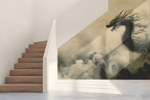 A sophisticated home office featuring the dragon mural behind a mahogany desk and leather chair.