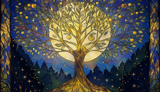 Stained glass style wallpaper featuring a glowing yellow moon, golden fruit tree, and deep blue forest silhouette.