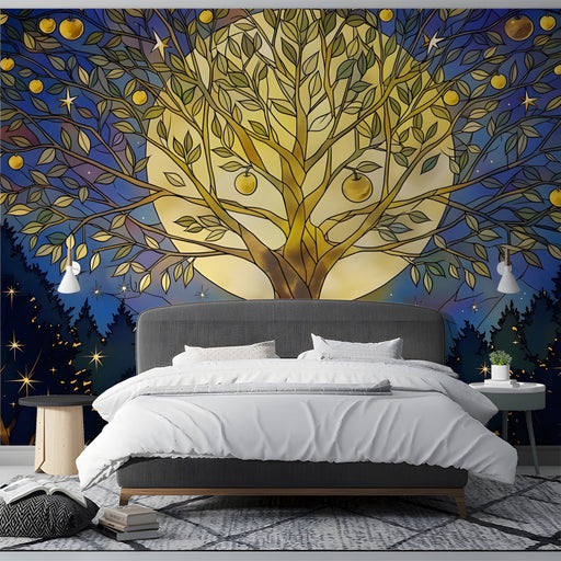 A moody dining room design with the moonlit forest mural providing a dramatic and artistic backdrop.