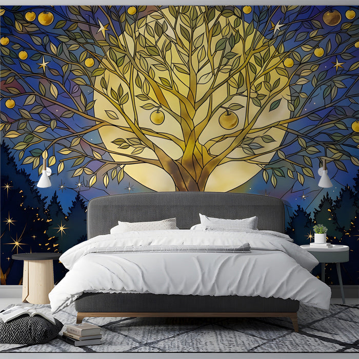 A moody dining room design with the moonlit forest mural providing a dramatic and artistic backdrop.