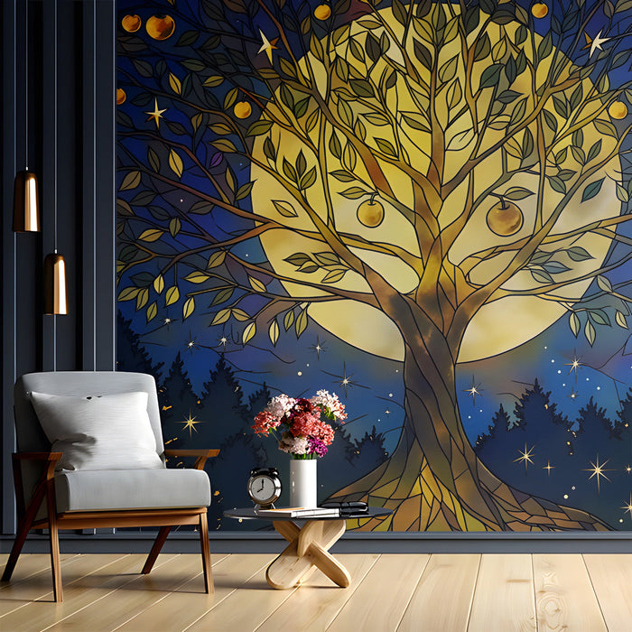 A cozy bedroom featuring the stained glass tree mural as a focal point behind a dark wooden bed frame.