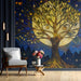 A cozy bedroom featuring the stained glass tree mural as a focal point behind a dark wooden bed frame.