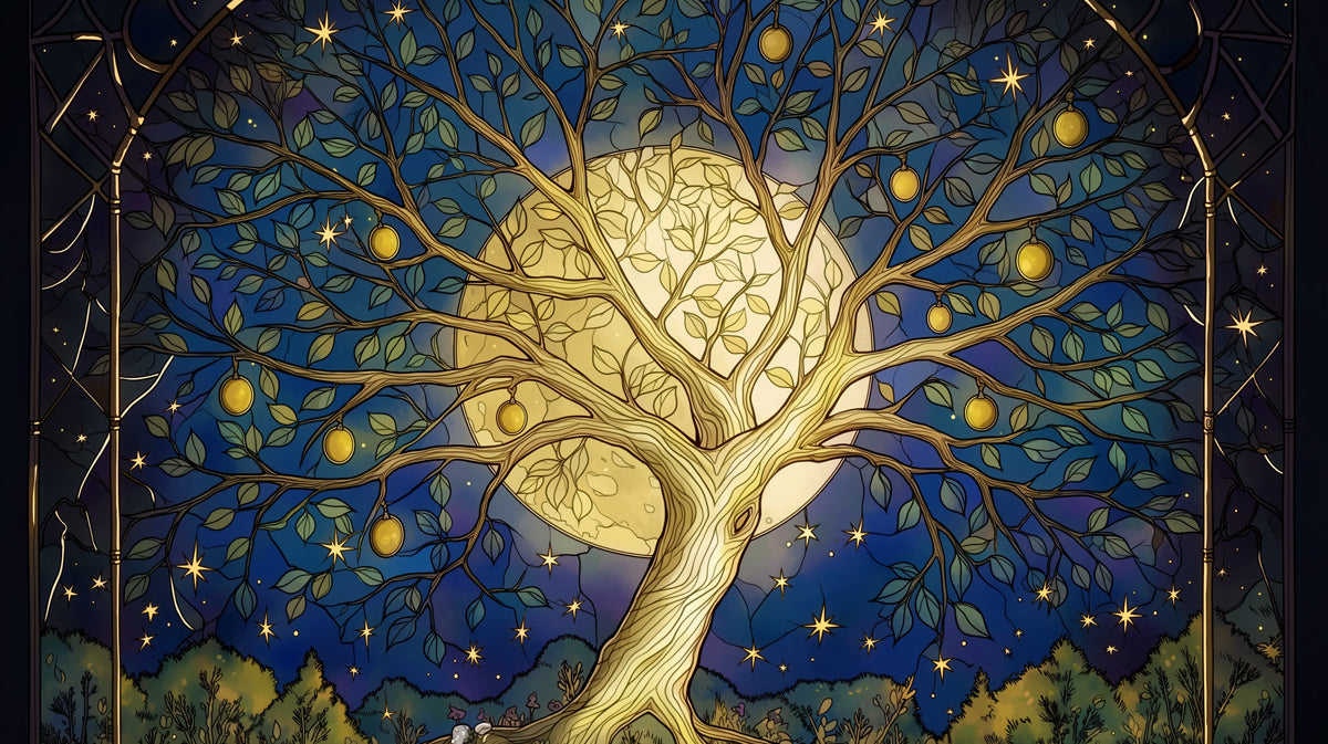 A celestial fruit tree with glowing golden fruit against a large full moon, set in a midnight blue sky with stars.