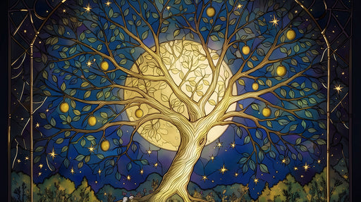 A celestial fruit tree with glowing golden fruit against a large full moon, set in a midnight blue sky with stars.