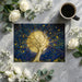 A sophisticated home library wall decorated with a whimsical, celestial orchard mural design.