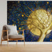 An elegant dining room interior with a dramatic, midnight-hued feature wall showing a glowing, starry tree.