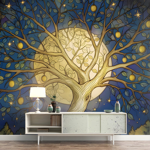 A moody bedroom featuring a large, artistic tree mural behind a plush velvet headboard.