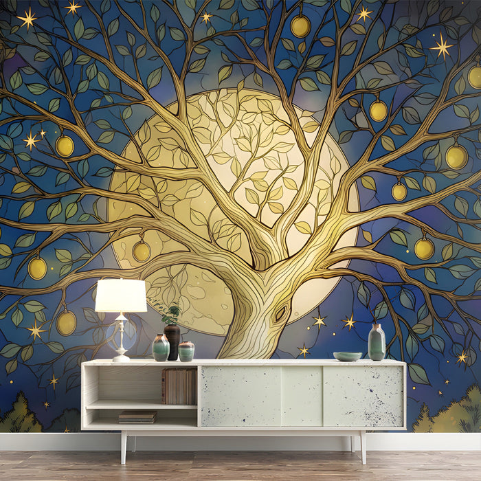 A moody bedroom featuring a large, artistic tree mural behind a plush velvet headboard.