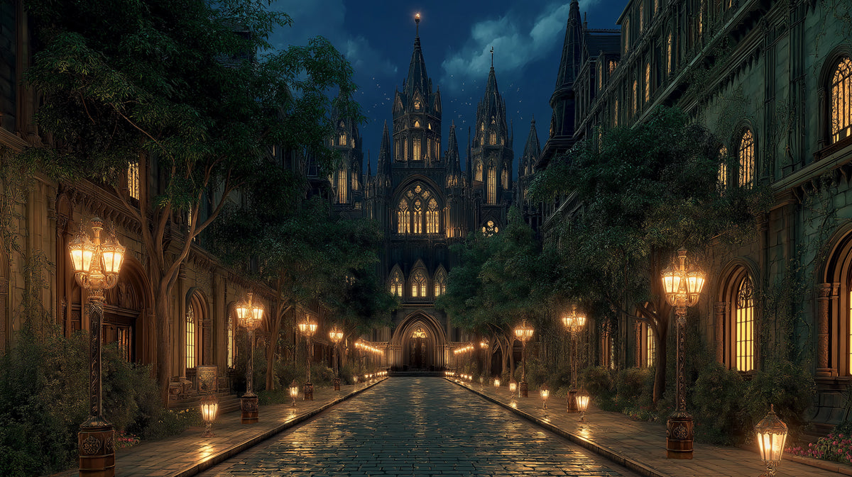 Wallpaper pattern showing a dark gothic cathedral at night with glowing yellow street lamps and cobblestone streets.