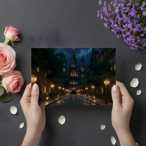 Dramatic home office with a gothic cathedral landscape mural and dark wood furniture.