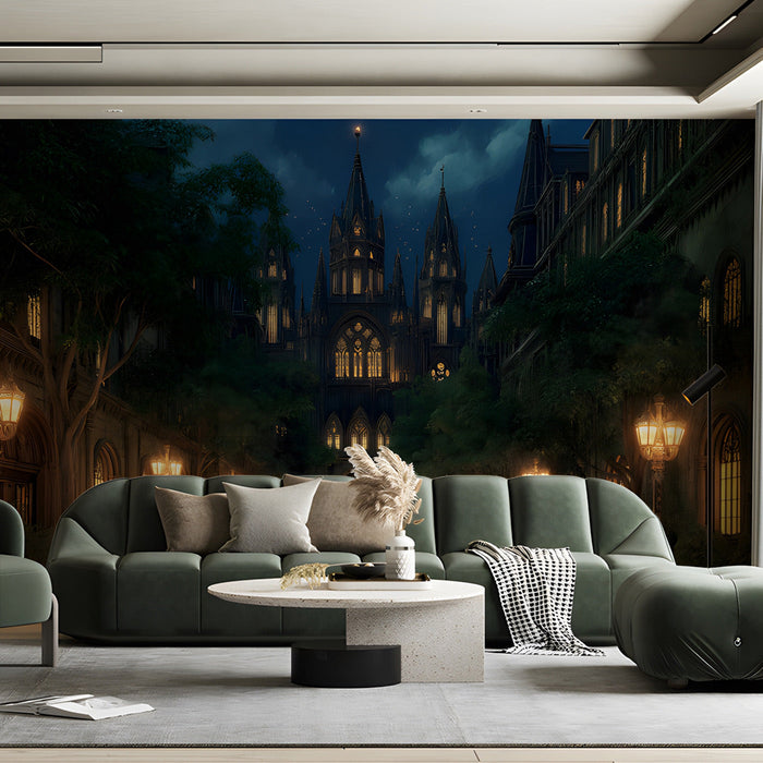 Sophisticated bedroom interior with a moody cathedral night scene wallpaper behind a headboard.