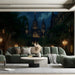 Sophisticated bedroom interior with a moody cathedral night scene wallpaper behind a headboard.