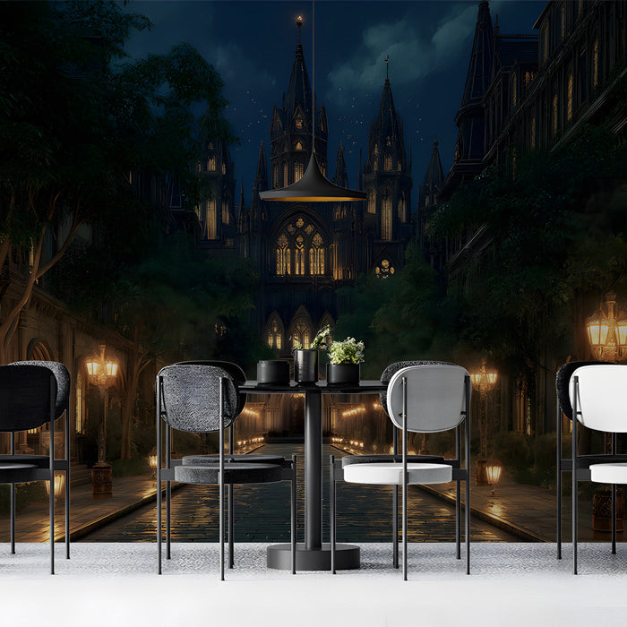 A cozy library reading nook featuring a dark moody gothic cathedral wall mural.