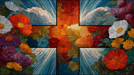 Stained glass inspired floral mural with red poppies, orange marigolds, and blue linear patterns.